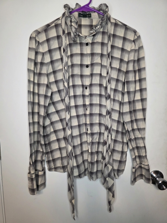 Lauren Ralph Lauren Tops - Lauren Ralph Lauren Cream and Gray Plaid Button-Down Tie-Neck Shirt-Large